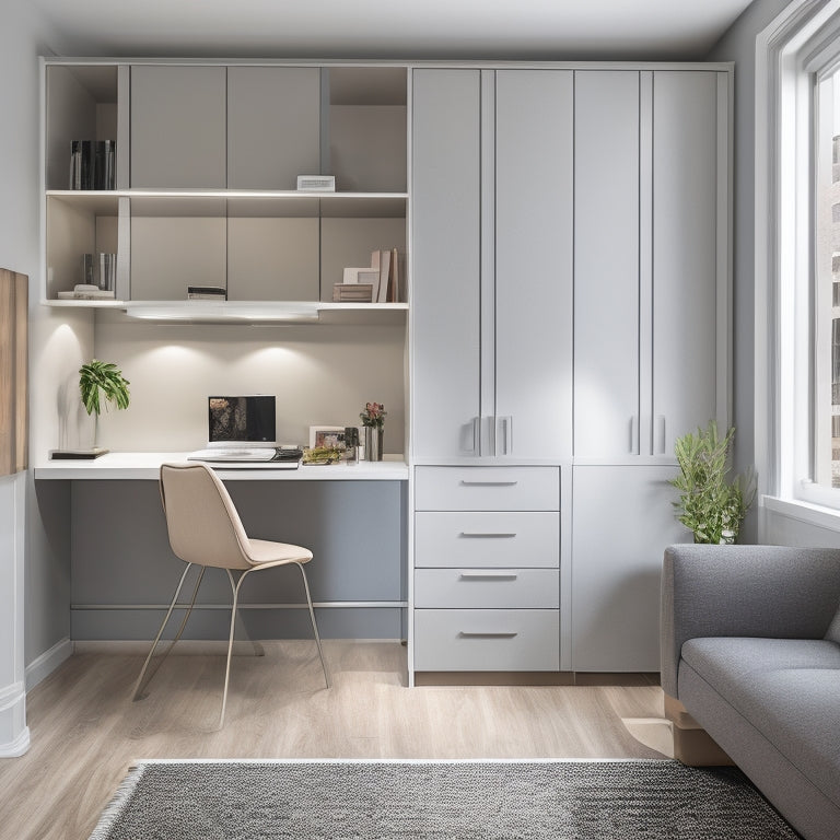 A minimalist, modern small apartment with a murphy bed, a compact desk, and a storage ottoman, surrounded by floor-to-ceiling shelves and cabinets with sleek, silver handles.