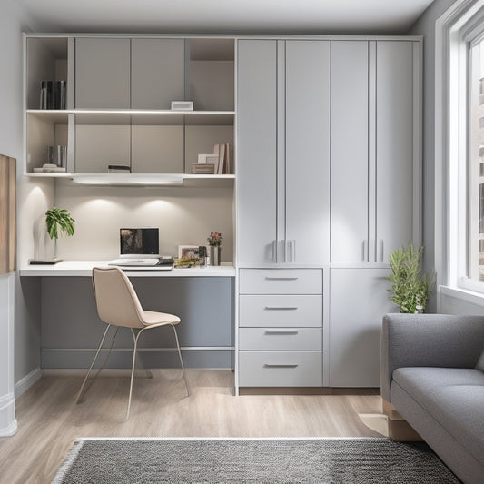 A minimalist, modern small apartment with a murphy bed, a compact desk, and a storage ottoman, surrounded by floor-to-ceiling shelves and cabinets with sleek, silver handles.