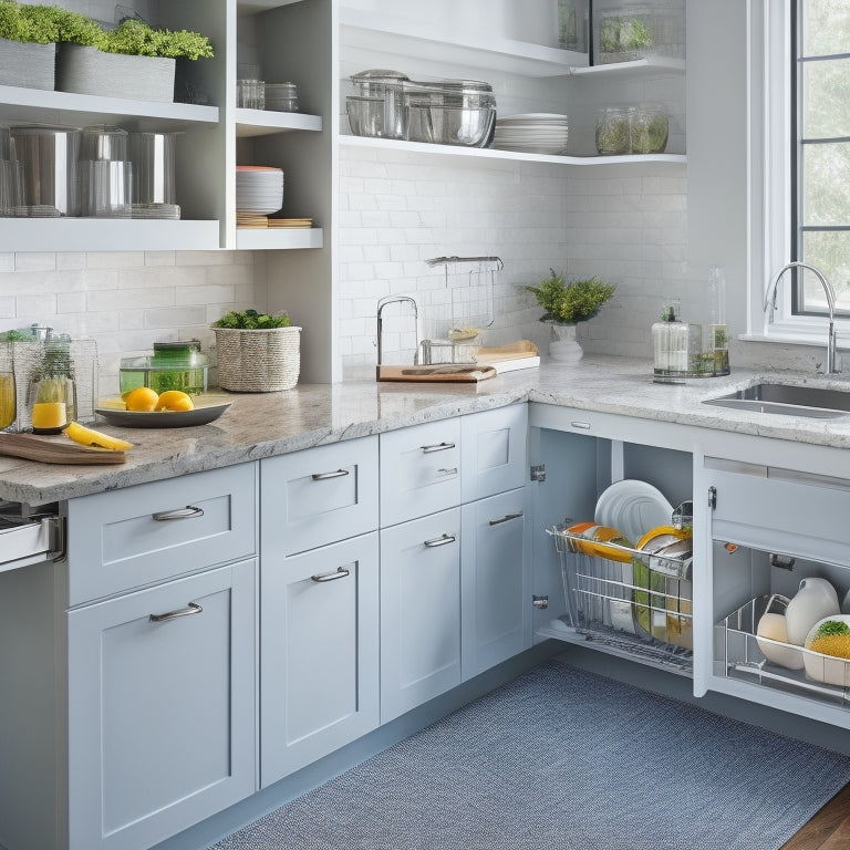 A modern kitchen with sleek countertops, a stainless steel sink, and a slide-out under-sink storage system with tiered shelves, baskets, and a utensil organizer, showcasing optimized storage and minimal clutter.