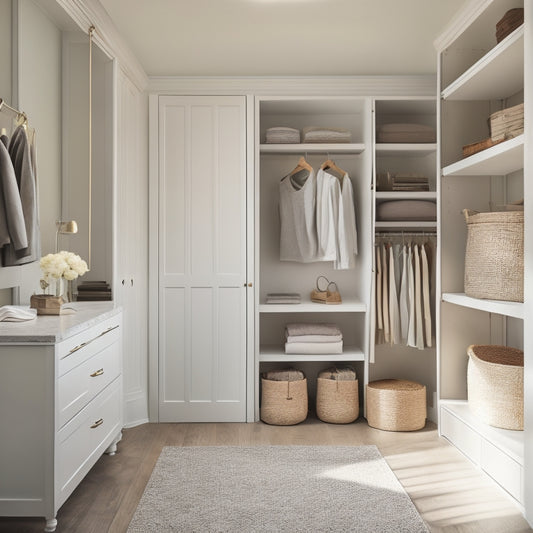 A serene, clutter-free walk-in closet with soft, natural light pouring in, featuring sleek, white shelves, and a mix of hanging rods, drawers, and baskets in a calming, neutral color palette.