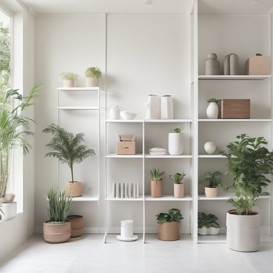A serene, minimalist interior with a floor-to-ceiling shelving system, perfectly aligned storage bins, and a few strategically placed potted plants, all set against a calming, creamy white background.