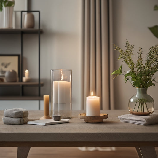 A serene, minimalist living room with a neatly organized bookshelf, a few carefully placed decorative vases, and a single, elegant candle on a polished wooden coffee table.