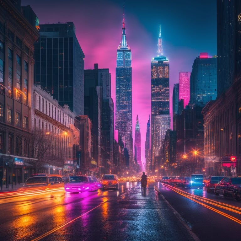 A vibrant, nighttime cityscape of Manhattan, featuring iconic skyscrapers, bustling streets, and neon lights reflecting off wet pavement, with a subtle Empire State Building silhouette in the background.