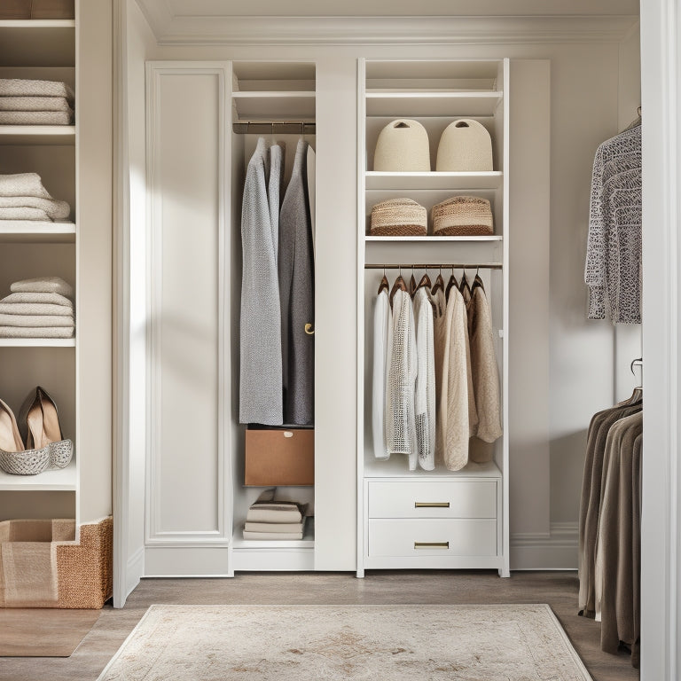 A serene, well-lit closet with creamy white walls, dark wood shelving, and a plush area rug, featuring a stylish, organized arrangement of clothes, shoes, and accessories in a calming, neutral color palette.