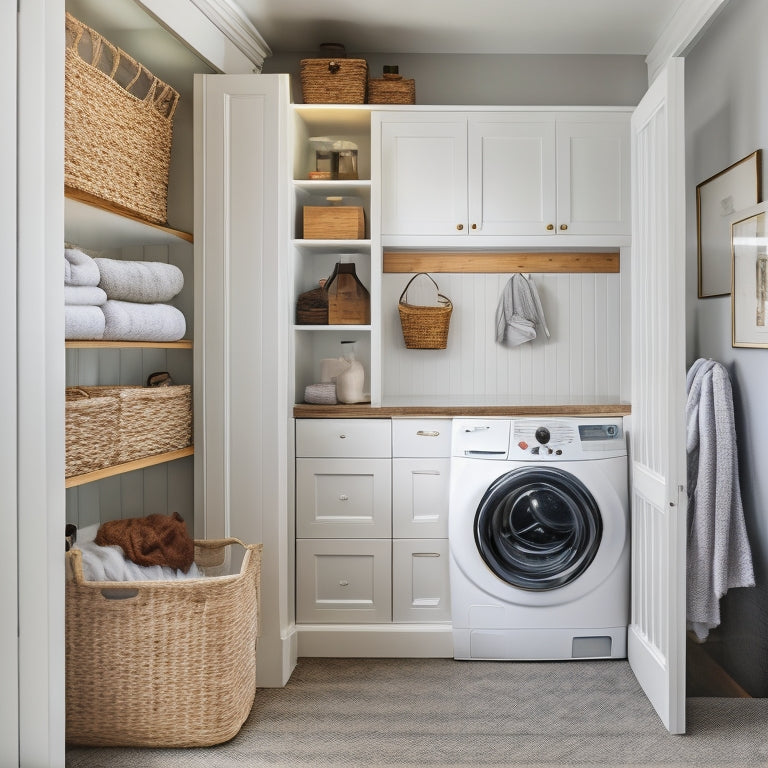 A bright, organized laundry closet with a stackable washer/dryer, shelves with woven baskets, and a sliding barn door with a frosted glass panel, surrounded by crisp white walls and warm wood accents.