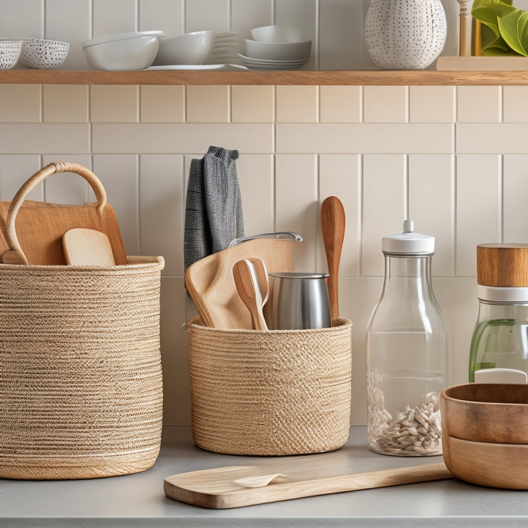 A clutter-free kitchen countertop with a sleek, modern aesthetic, featuring a few, carefully arranged storage solutions: a wooden utensil holder, a stainless steel canister, and a pair of woven baskets.