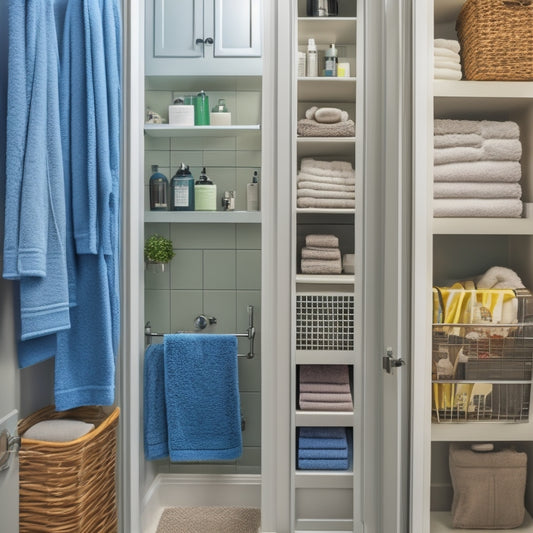 A clutter-free small bathroom closet with a mirrored door, LED-lit shelves, and neatly organized baskets containing rolled towels, toiletries, and a few decorative items.
