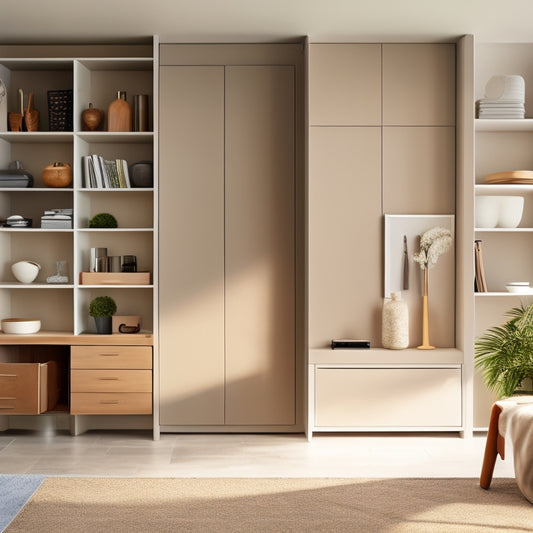 A modern, minimalist home with sleek shelves, hidden compartments, and multi-functional furniture, showcasing organized closets, clutter-free countertops, and a serene atmosphere with plenty of natural light.