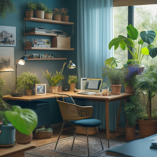 A tidy, well-lit home office with a large, organized desk, color-coded files, and a bulletin board with pinned notes, surrounded by minimalist decor and a few potted plants.