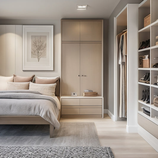 A serene, modern bedroom with a floor-to-ceiling custom closet featuring soft-close drawers, sleek shelves, and a built-in bench, surrounded by calming beige walls and plush area rugs.