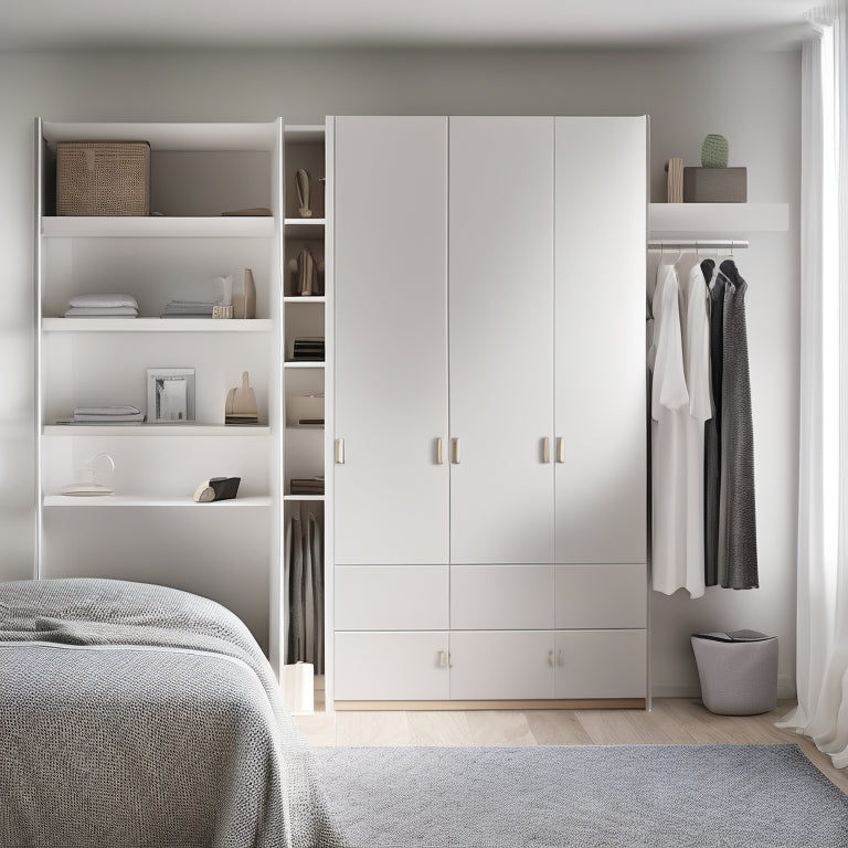 A modern, minimalist bedroom with a floor-to-ceiling IKEA PAX wardrobe in a soft, creamy white, featuring sliding doors, adjustable shelves, and sleek metal handles, surrounded by neatly organized clothes and accessories.