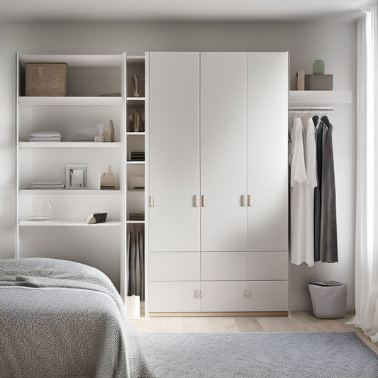 A modern, minimalist bedroom with a floor-to-ceiling IKEA PAX wardrobe in a soft, creamy white, featuring sliding doors, adjustable shelves, and sleek metal handles, surrounded by neatly organized clothes and accessories.