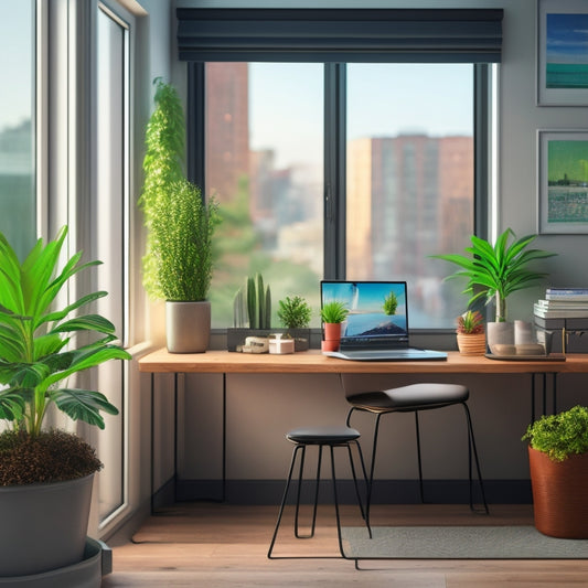 A minimalist illustration of a compact, organized living room with a laptop open on a small desk, surrounded by neatly arranged storage bins, a small potted plant, and a cityscape visible through the window.