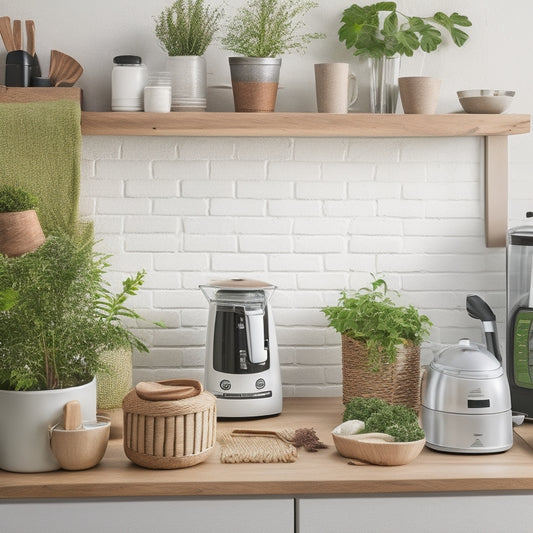 A tidy kitchen countertop with a toaster, blender, and coffee maker arranged on a wooden tray, surrounded by a few woven baskets and a small potted herb plant.