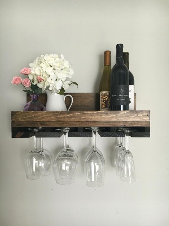 Wood Wine Rack | Wall Mounted Shelf & Stemware Glass Holder Organizer Unique Rustic by DistressedMeNot