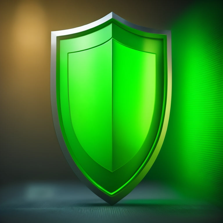 A shield icon with a green checkmark inside, surrounded by a subtle glow, in front of a blurred background of coding lines and browser windows, with a sense of freedom and openness.