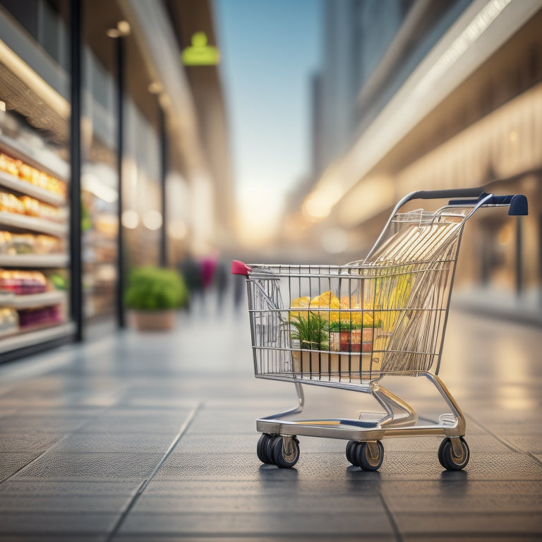 A sleek, modern shopping cart with multiple compartments, holding various gadgets like smartphones, laptops, and tablets, amidst a blurred cityscape or retail environment.