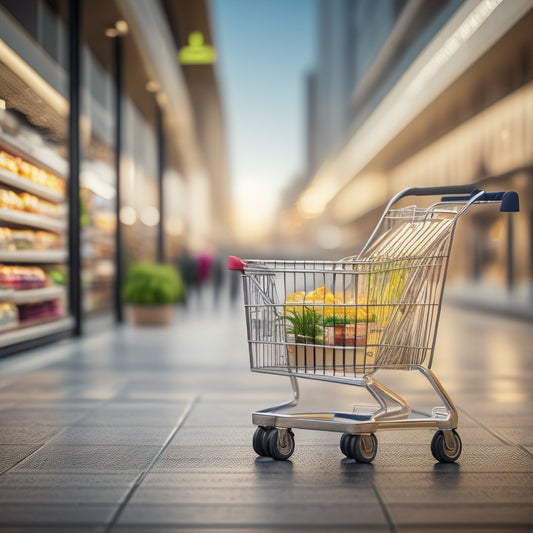 A sleek, modern shopping cart with multiple compartments, holding various gadgets like smartphones, laptops, and tablets, amidst a blurred cityscape or retail environment.
