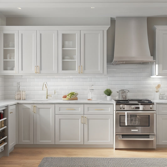 A galley kitchen with sleek, white cabinets, pull-out spice racks, and a retractable range hood, showcasing optimal storage and workflow, set against a calming, light-gray background.