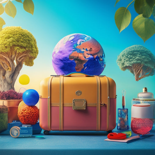A vibrant, sprawling mind map with colorful branches and bubbles, surrounded by neatly packed luggage, a globe, and a few strategically placed travel accessories, against a bright, sunny background.