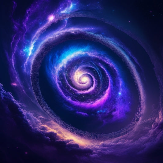 A cosmic vortex swirls with glowing purple and blue tendrils, surrounded by orbiting planets, spaceships, and mythical creatures, set against a starry black background with nebulae and asteroids.