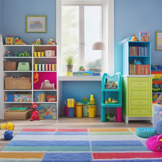 A clutter-free playroom with a rainbow-colored bookshelf, labeled bins, and a kid-sized table with storage cubbies, surrounded by happy, playing children and a few carefully placed toys.