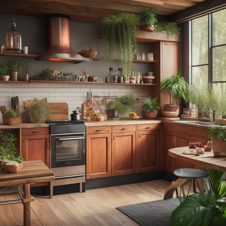 A modern kitchen with a rustic wooden island, adorned with copper accents, surrounded by sleek appliances, with a built-in wine rack and a few potted plants on top.
