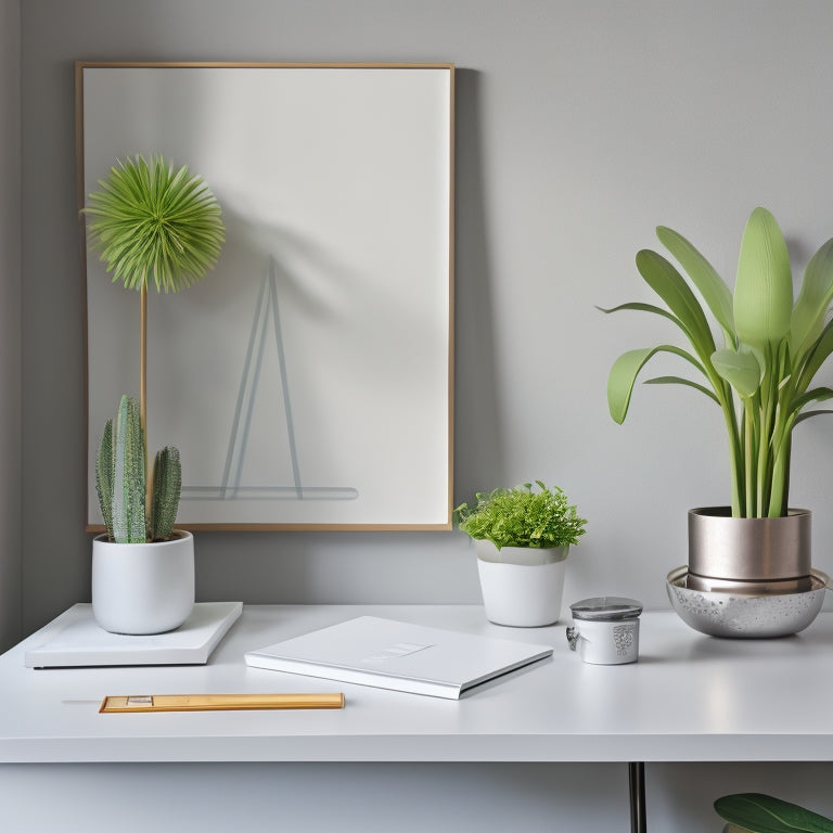 A minimalist, modern desk with a tidy array of colorful file folders, a small potted plant, and a certification plaque on a sleek, silver easel, set against a calm, creamy background.