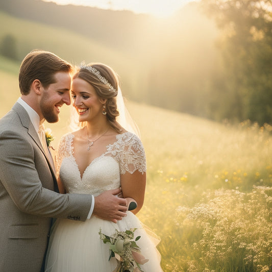 A soft, golden light spills across a serene landscape as a bride and groom share a tender, laughing moment, surrounded by lush greenery and delicate wildflowers on a warm summer day.