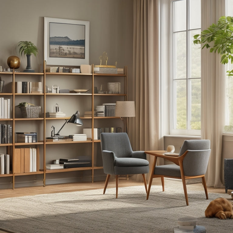 A serene, well-lit living room with a sleek, minimalist desk, a pair of matching armchairs, and a floor-to-ceiling bookshelf with neatly arranged books and decorative objects.