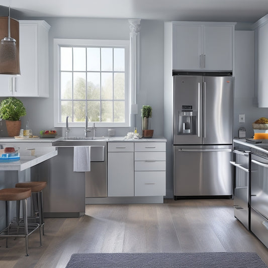 A modern kitchen with sleek countertops, a stainless steel refrigerator, and a shiny automatic trash can with a sensor-activated lid and a compact design, surrounded by scattered trash and dirty dishes.