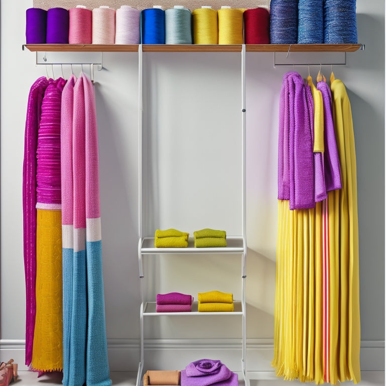 A tidy, minimalist closet with rows of scarves folded into compact, colorful rectangles, suspended from wooden dowels, surrounded by sewing tools and rolls of fabric, with a few loose threads and pins scattered about.