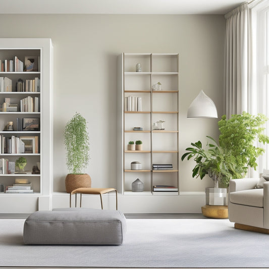 A minimalist, modern living room with a sleek, floor-to-ceiling white bookshelf against a light gray wall, adorned with decorative objects, greenery, and a few books, surrounded by a plush area rug.