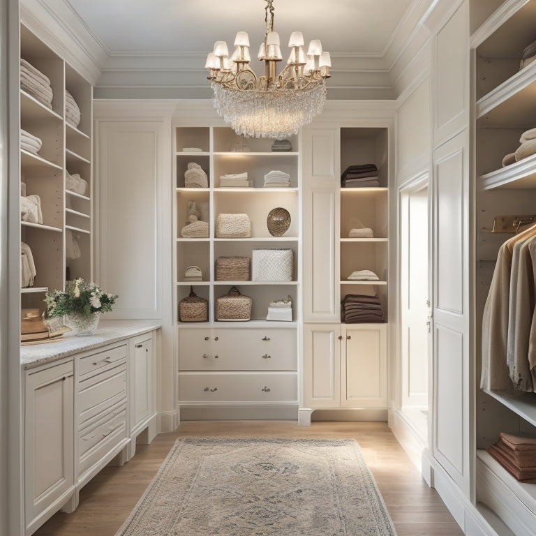 A serene, well-lit walk-in closet with creamy white walls, rich wood floors, and a minimalist chandelier, featuring a floor-to-ceiling shelving unit, a velvet ottoman, and a few strategically placed hooks.