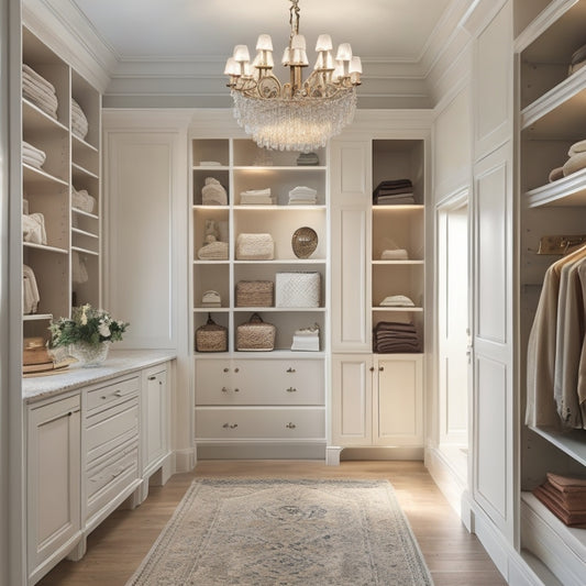 A serene, well-lit walk-in closet with creamy white walls, rich wood floors, and a minimalist chandelier, featuring a floor-to-ceiling shelving unit, a velvet ottoman, and a few strategically placed hooks.