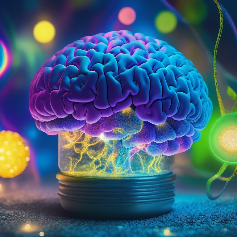 A vibrant illustration of a human brain with glowing, interconnected nodes and threads, surrounded by floating ideas, lightbulbs, and colorful abstract shapes, radiating energy and creativity.