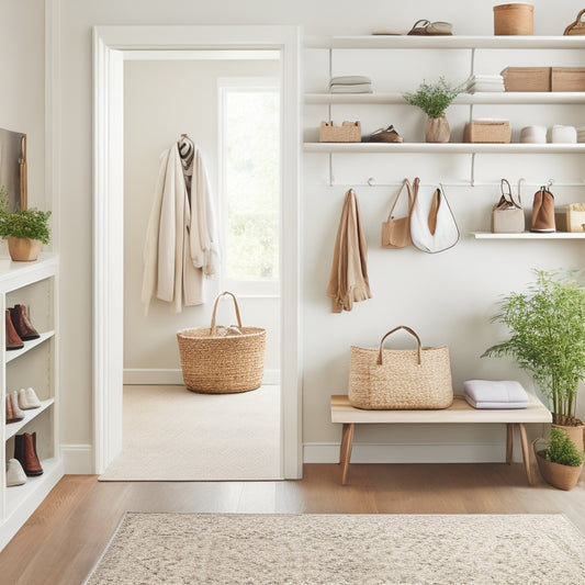 A serene, light-filled entry closet with creamy white shelves, a natural wood bench, and a geometric-patterned area rug, featuring neatly arranged shoes, accessories, and a few potted plants.