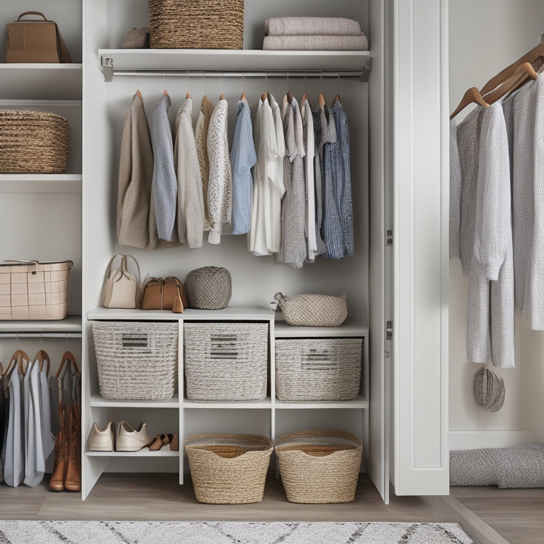 An organized closet with a neutral background, featuring a mix of open shelves and closed cabinets, a double rod for hanging clothes, and a few stylishly arranged accessories like a woven basket and a few pairs of shoes.