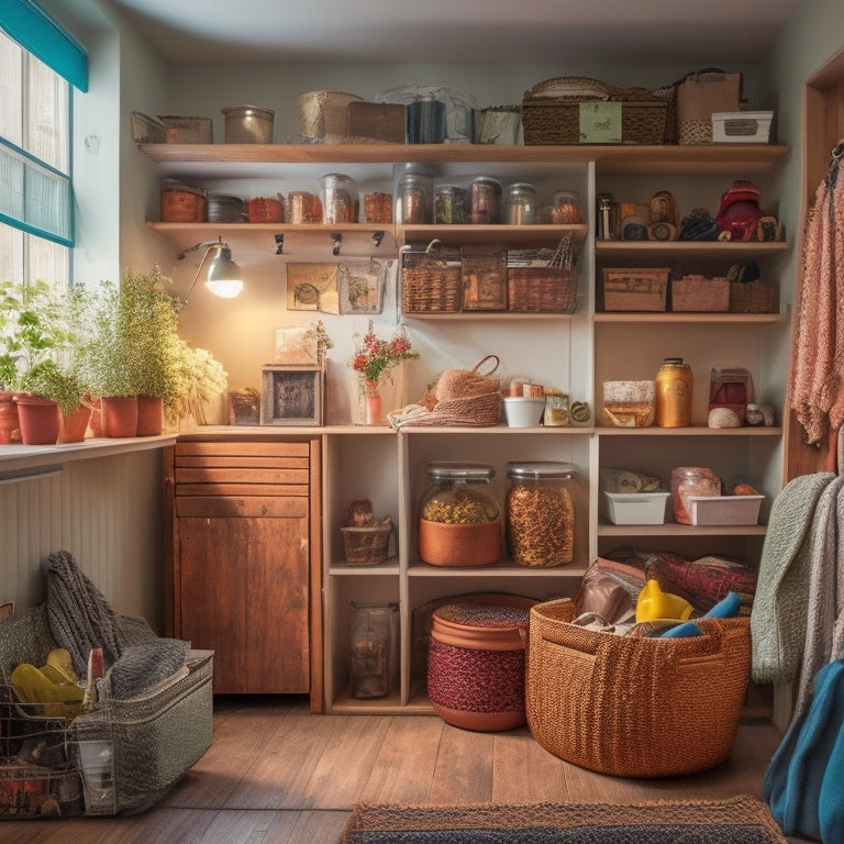 A cluttered, small rental apartment room with a few strategically placed storage bins, baskets, and repurposed items like mason jars and wooden crates, showcasing creative storage solutions.