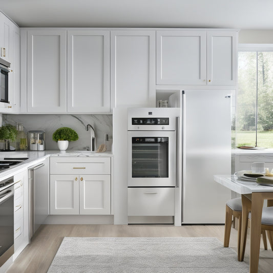 A modern kitchen with sleek, white cabinets, featuring a countertop appliance garage with sliding glass doors, surrounding a built-in coffee maker and toaster, amidst a subtle marble backsplash.