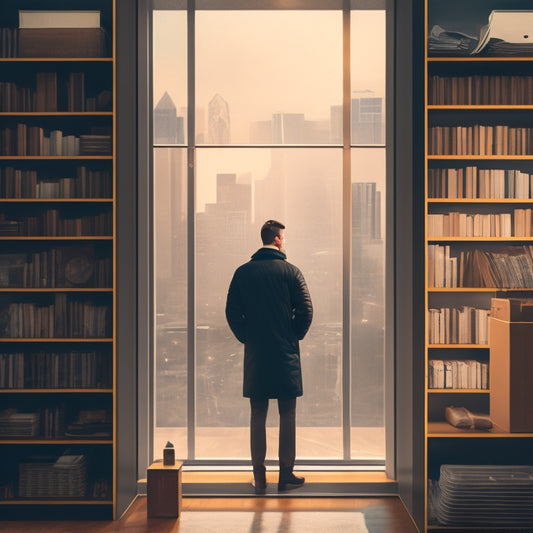 A stylized illustration of a person standing in front of a tidy, minimalist background, surrounded by organized shelves and storage bins, with the Austin cityscape subtly visible through a window.