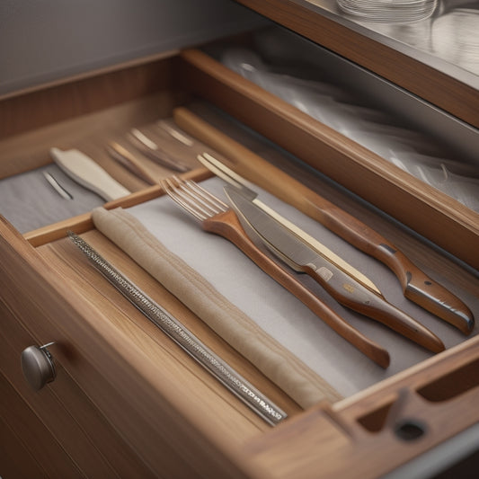A tidy kitchen drawer with custom dividers separating seven knives of varying sizes, arranged diagonally, with soft, warm lighting and a blurred background of wooden cabinetry.