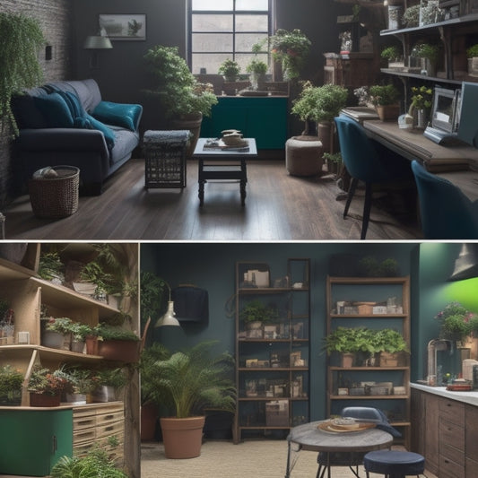 A before-and-after split-screen image: dark, cluttered basement with old furniture and scattered boxes on the left, and a bright, organized space with sleek shelving, a workstation, and a few potted plants on the right.