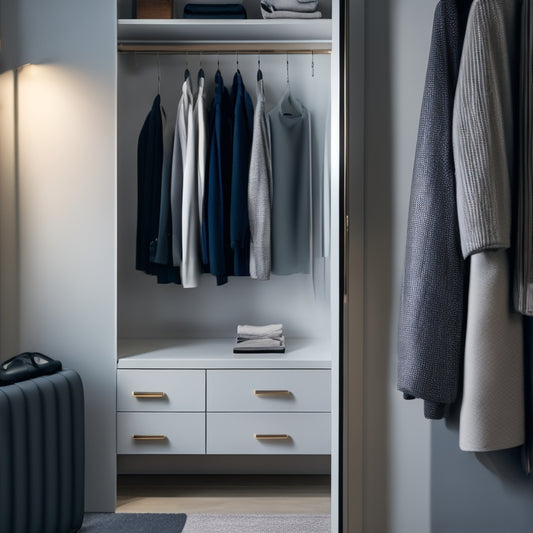 A minimalist, modern closet with a sleek iPhone on a shelf, surrounded by neatly organized clothes and accessories, with a blurred background of a cityscape or a fashionable room.