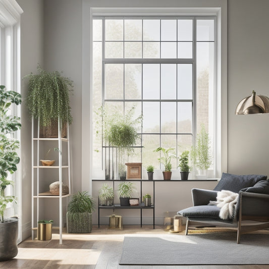 A minimalist, modern living room with a built-in floor-to-ceiling shelf in a corner, featuring a ladder, potted plants, and a few books, with a subtle gradient of natural light.