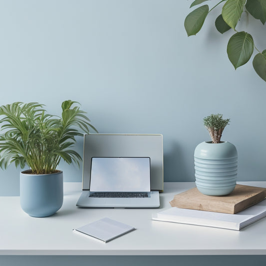 A serene, minimalist workspace with a laptop, a small potted plant, and a few organized folders, set against a calm, light-blue background with subtle, gentle waves.