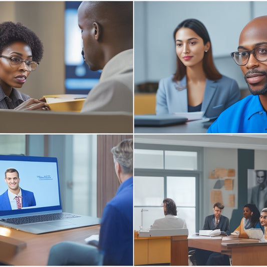 A split-screen image featuring a laptop with a practice exam on the screen, alongside a collage of diverse professionals with badges and certificates, surrounded by subtle Microsoft branding elements.