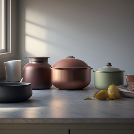 A tidy kitchen countertop with three identical pots, each with a lid placed beside it, aligned in a row, with a subtle gradient of warm light and minimal shadows.