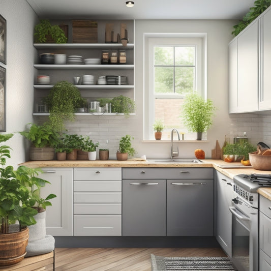 A tidy, L-shaped kitchen with white cabinets, stainless steel appliances, and a gray quartz countertop, featuring a few, carefully chosen cookbooks on a wooden shelf, and a small, potted herb plant on the windowsill.