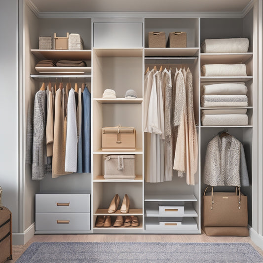 A serene, well-lit closet interior with three distinct sections, each featuring a different DIY organizer kit, including shelves, rods, and bins, amidst a backdrop of soft, calming colors and minimal clutter.